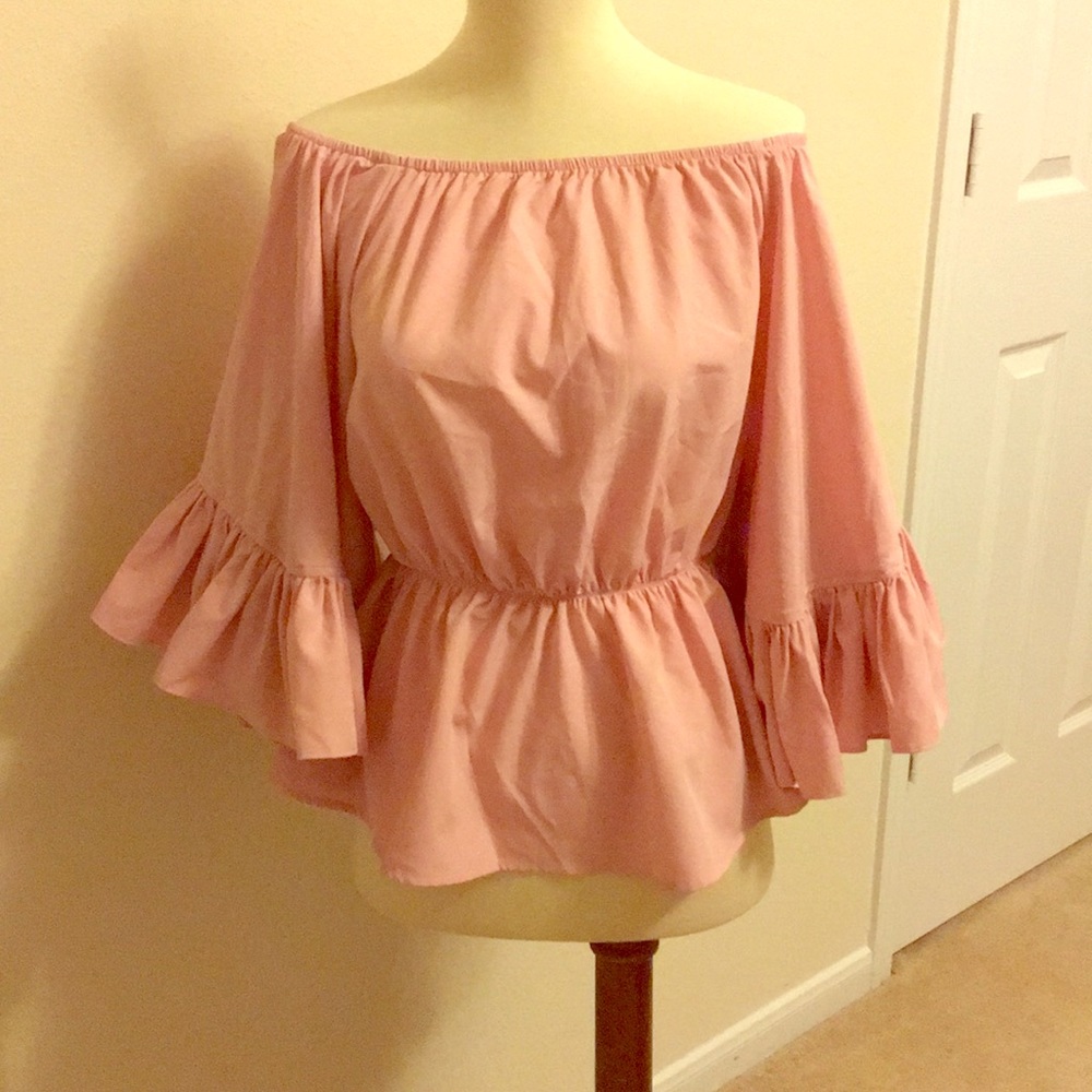 Pink off the shoulder ruffle sleeve top, size XS